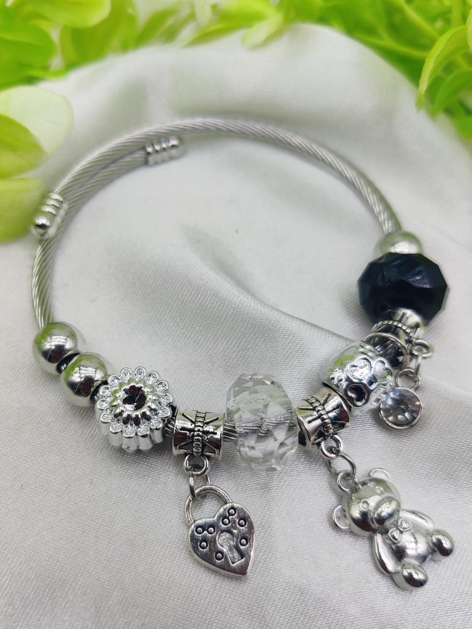 Pandora-Inspired Silver Charm Bracelet – Heart & Teddy Accents | Girls & Women Jewellery